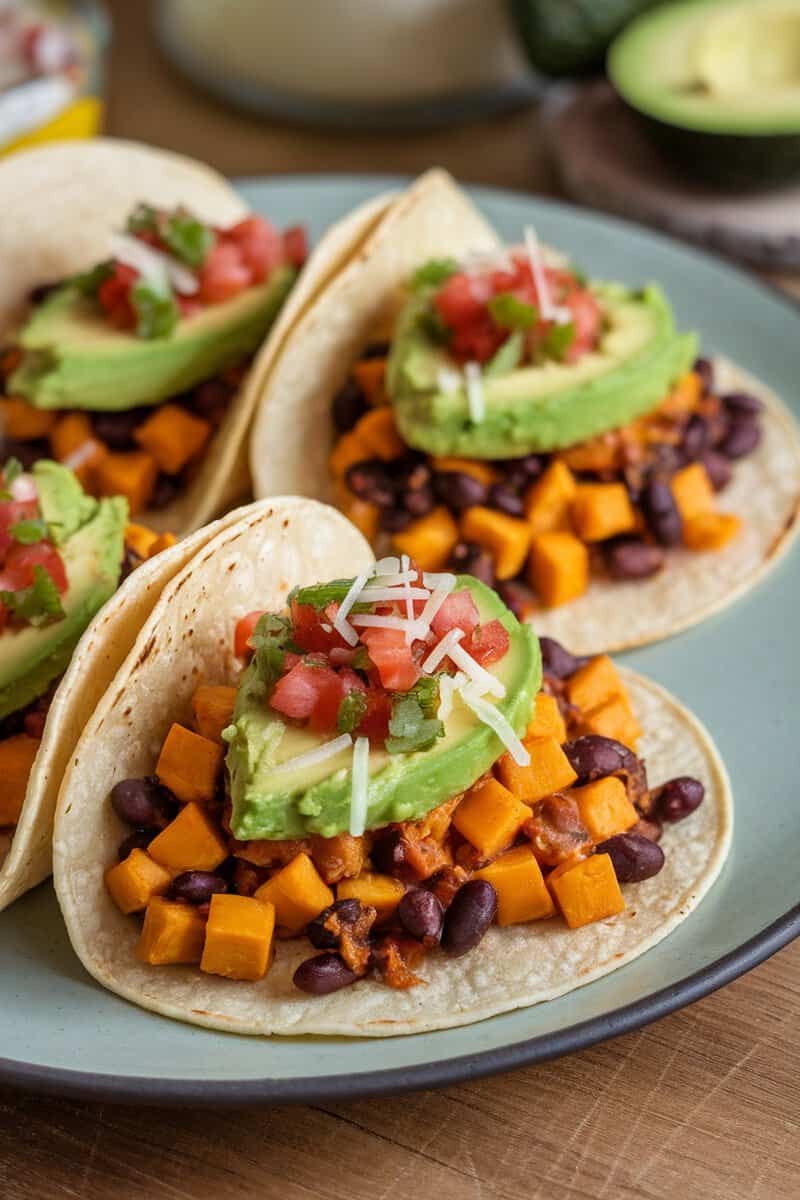 Delicious pumpkin and black bean tacos topped with avocado and salsa