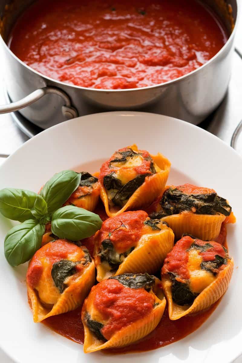 A plate of pumpkin and spinach stuffed shells topped with marinara sauce and fresh basil.