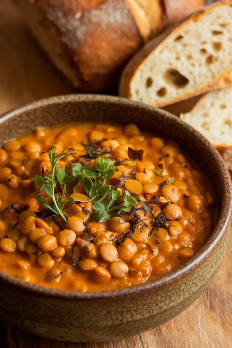 A bowl of pumpkin lentil stew garnished with fresh herbs, accompanied by slices of bread.