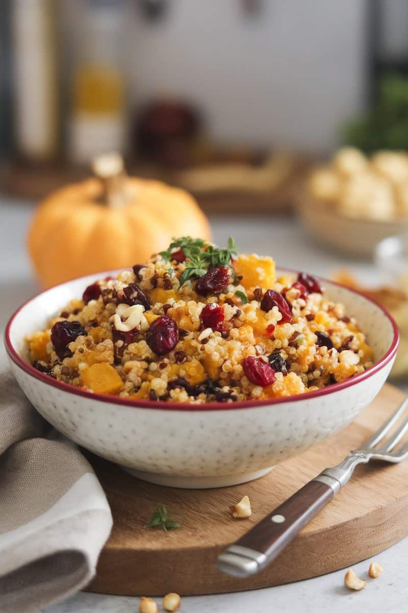 A bowl of Pumpkin Quinoa Salad with Cranberries, garnished with herbs.