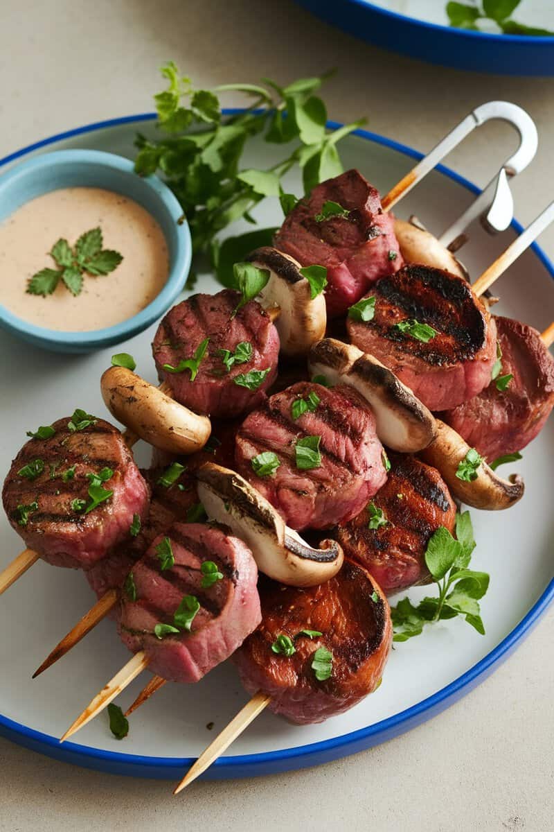 Delicious round steak and mushroom skewers ready to be served, garnished with herbs.