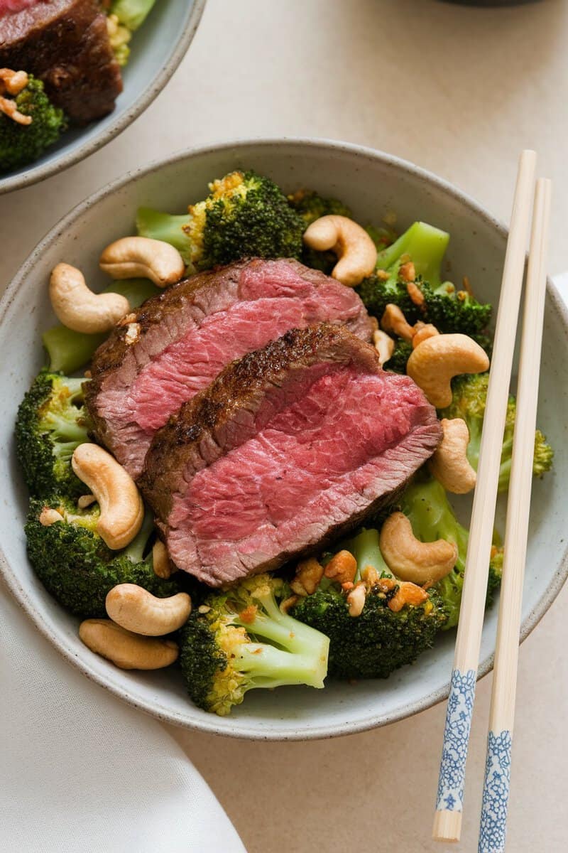 A bowl of round steak stir-fry with broccoli and cashews, served with chopsticks.