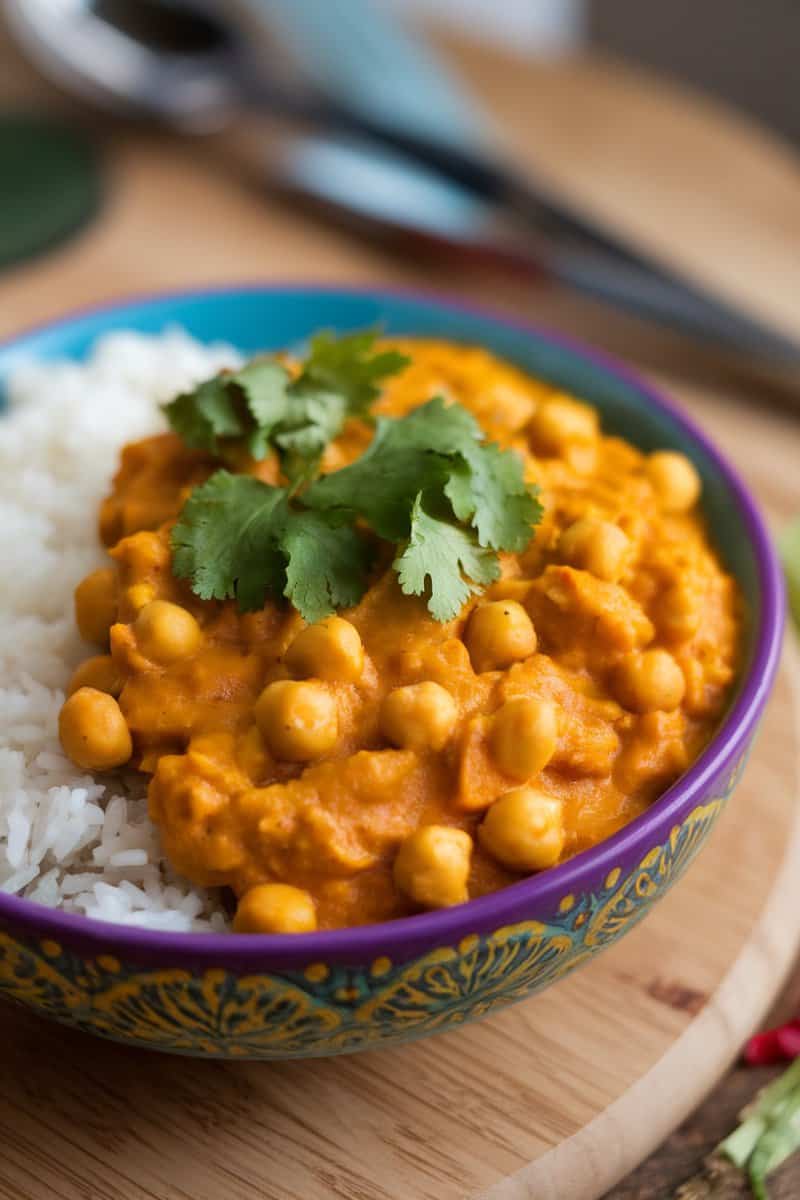 A bowl of savory pumpkin and chickpea curry served with rice and garnished with cilantro.