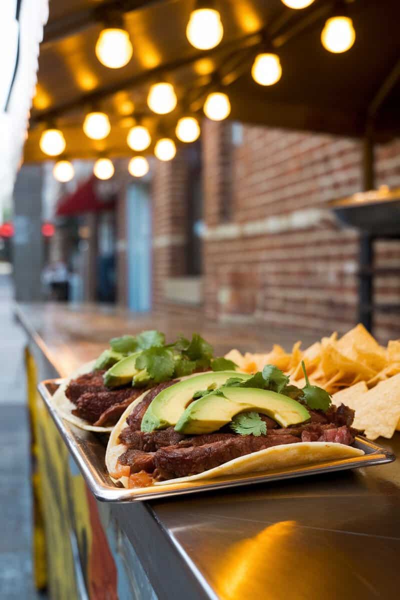 Slow-cooked round steak tacos topped with avocado and cilantro