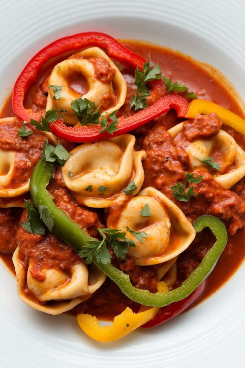 Spicy Cajun Chicken Tortellini in creamy sauce with colorful bell peppers and garnished with parsley.