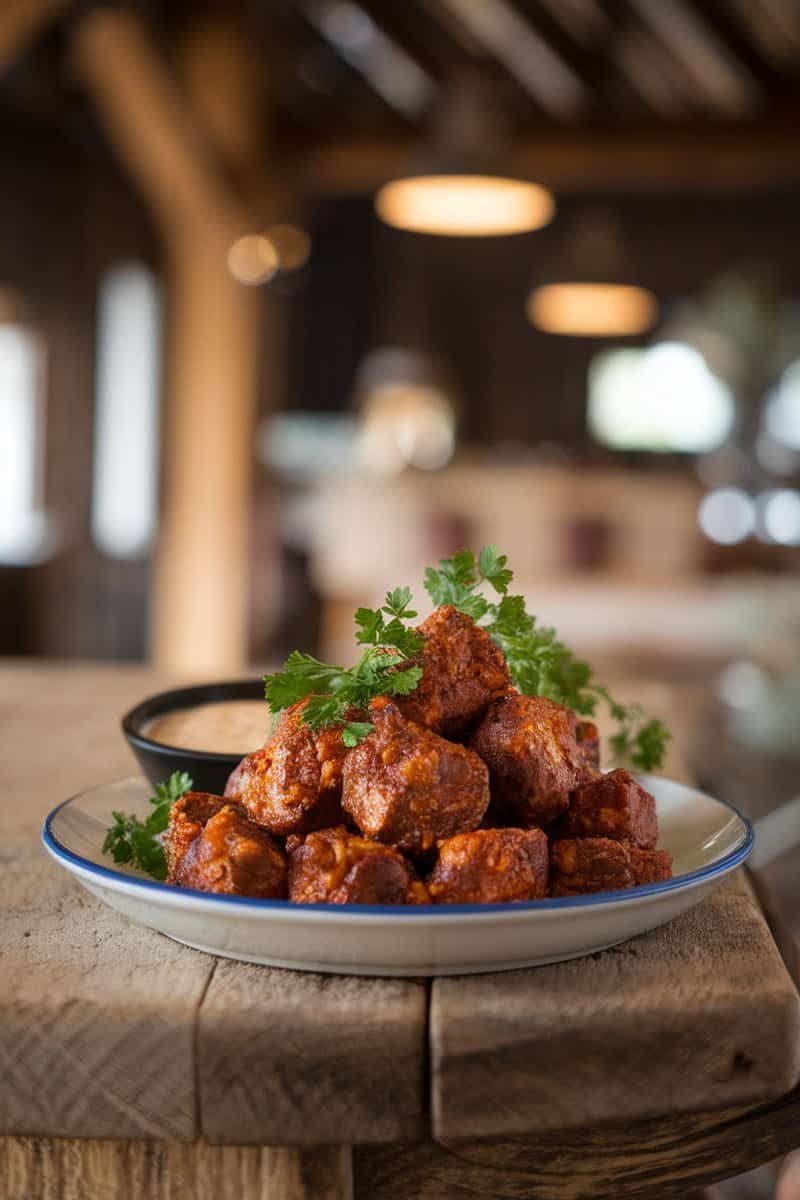 Plate of spicy cajun steak bites garnished with parsley