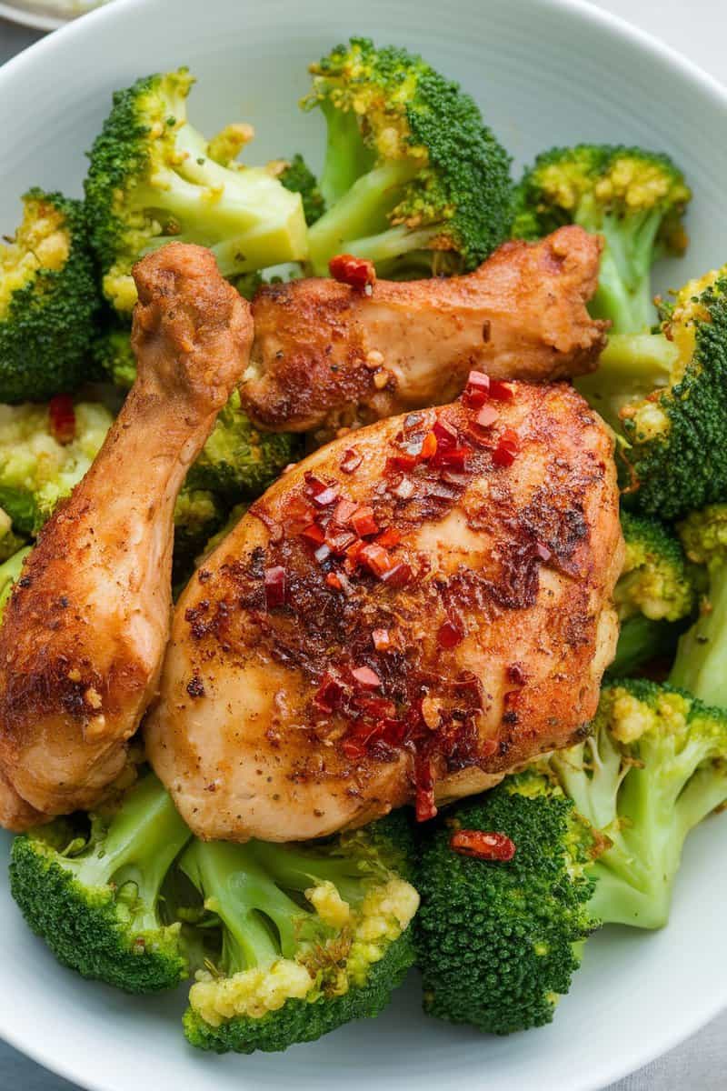 A plate of spicy garlic chicken served with broccoli.