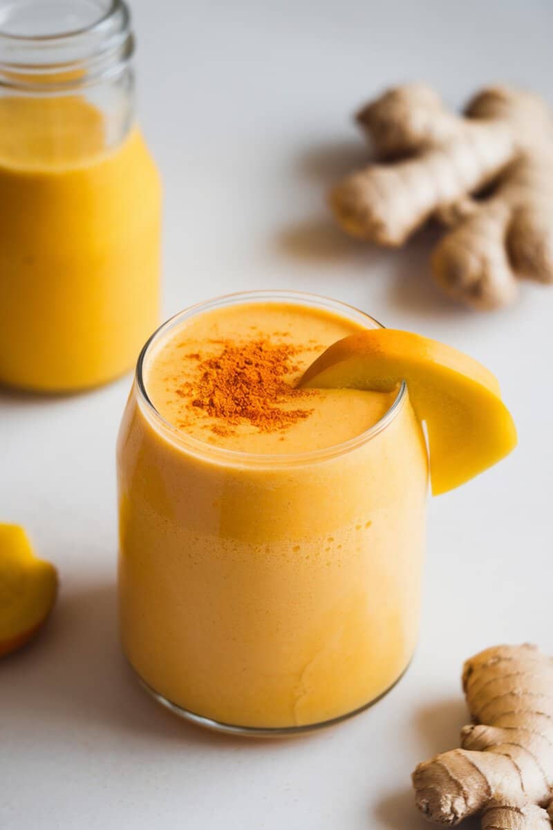 A vibrant spicy mango turmeric smoothie in a glass with fresh mango and ginger.