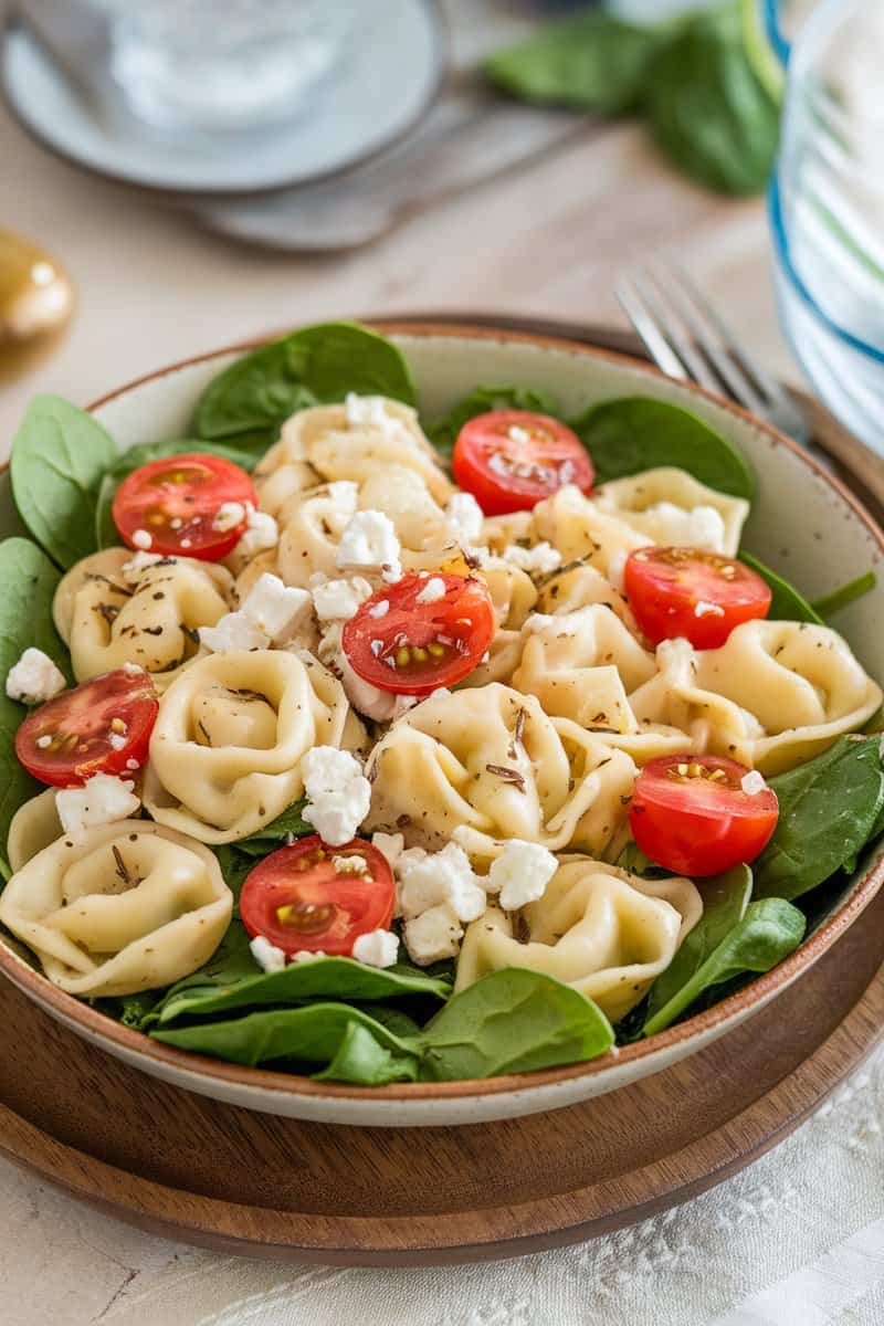 Delicious spinach and chicken tortellini salad with cherry tomatoes and feta cheese.