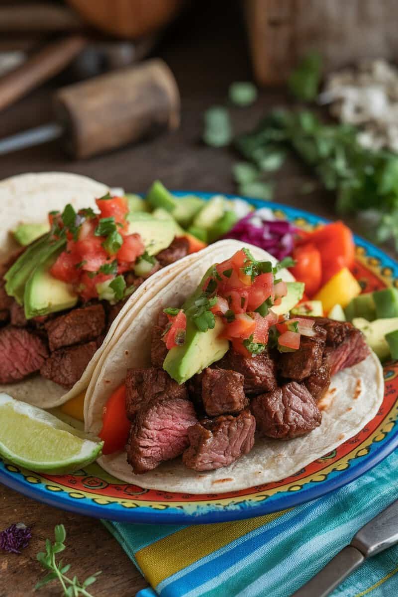 Delicious steak bites tacos with avocado, pico de gallo, and fresh cilantro on a colorful plate.