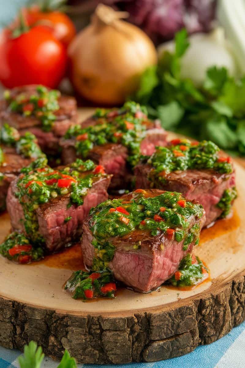 Delicious steak bites topped with vibrant chimichurri sauce.