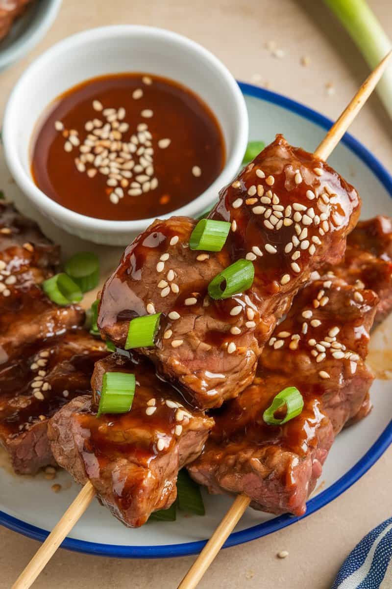 Delicious teriyaki steak bites garnished with green onions and sesame seeds