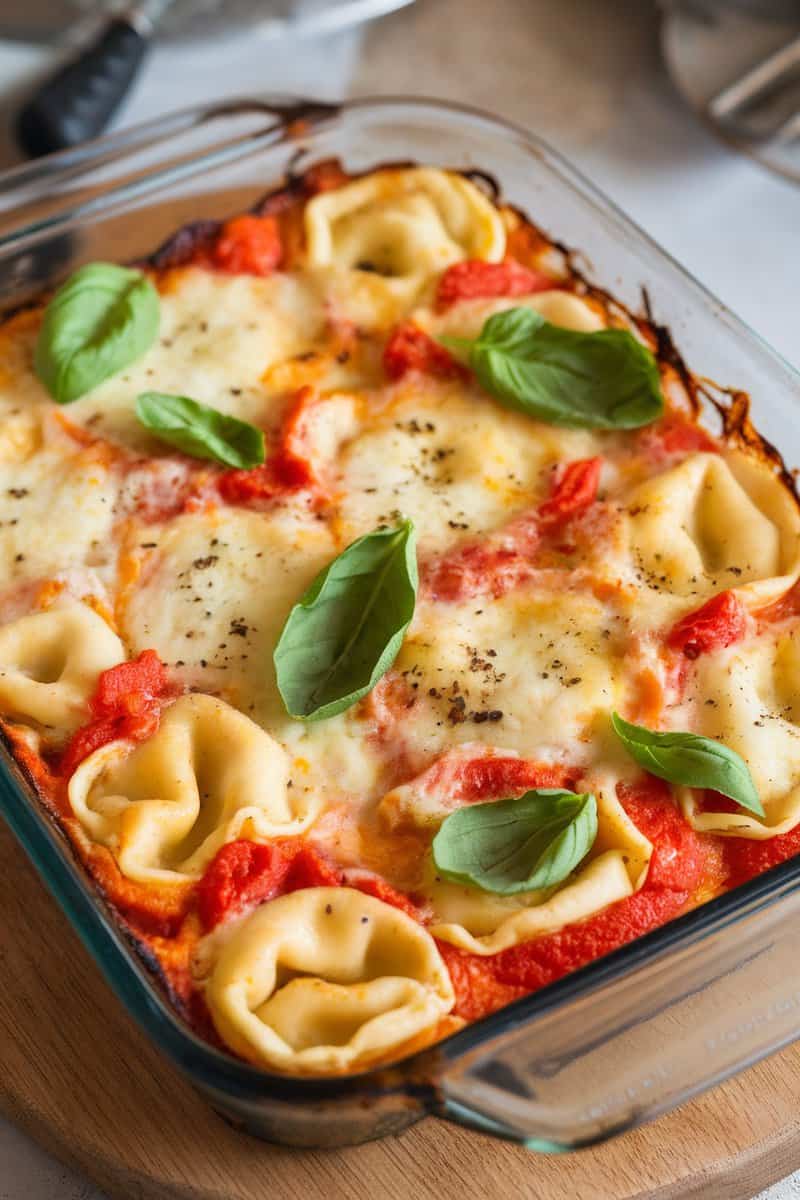 A delicious baked dish featuring tortellini, chicken, and tomato sauce topped with fresh basil.