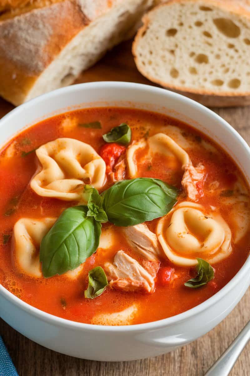 A bowl of Tomato Basil Chicken Tortellini Soup with basil leaves on top.