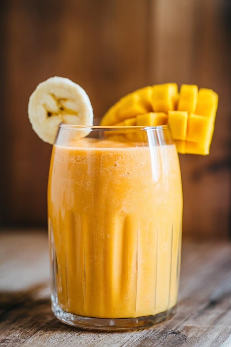 A delicious mango banana smoothie served in a glass, garnished with banana and mango slices.