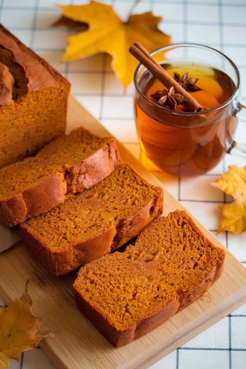 Loaf of vegan pumpkin bread with slices cut, next to a cup of tea