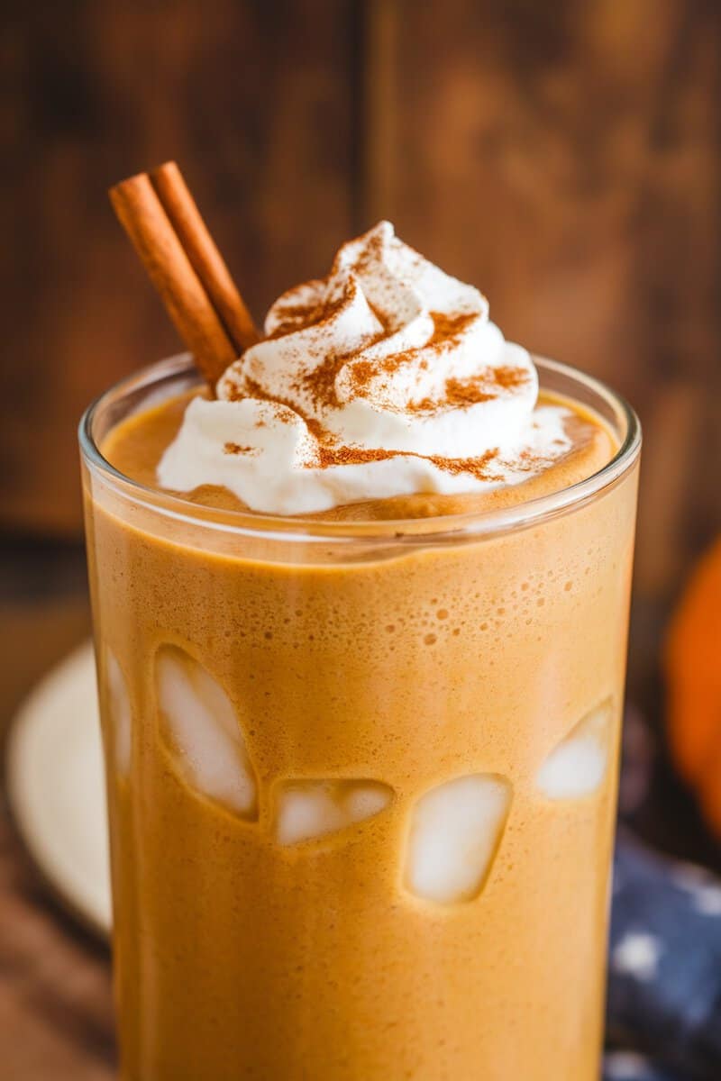 A delicious vegan pumpkin pie smoothie topped with whipped cream and cinnamon.