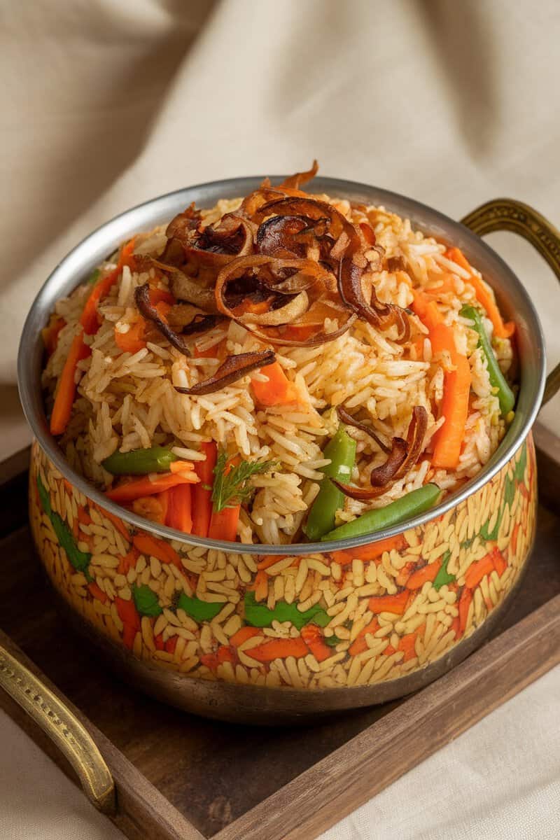 A pot of vegetable biryani with rice, mixed vegetables, and fried onions on top.